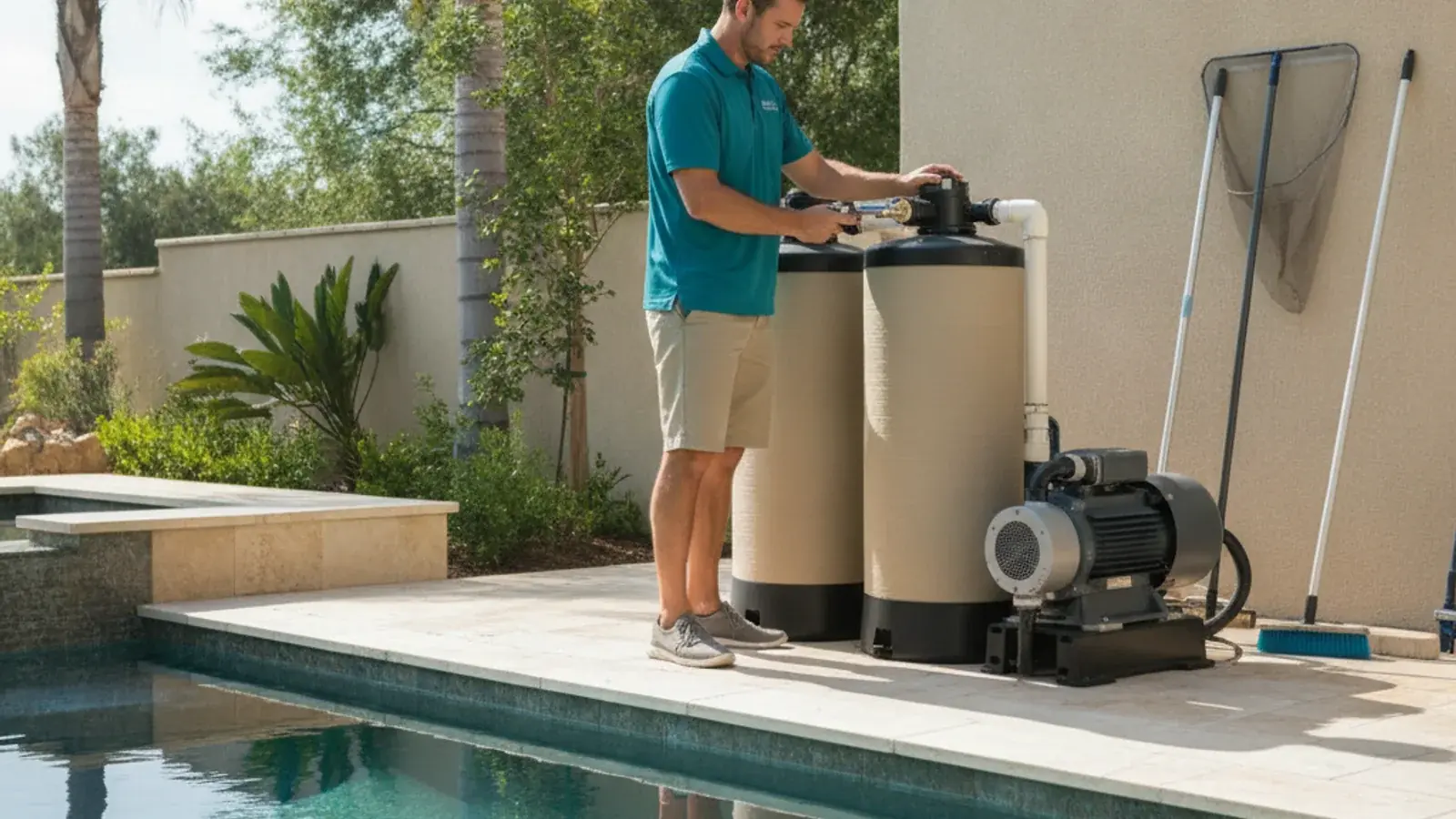 A pool equipment pad with a variable-speed pump, cartridge filter, and heater installed on a concrete slab.