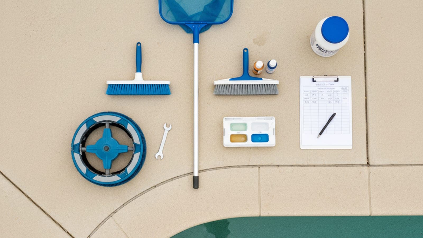 A residential swimming pool with test strips and chemical containers arranged on the nearby deck.