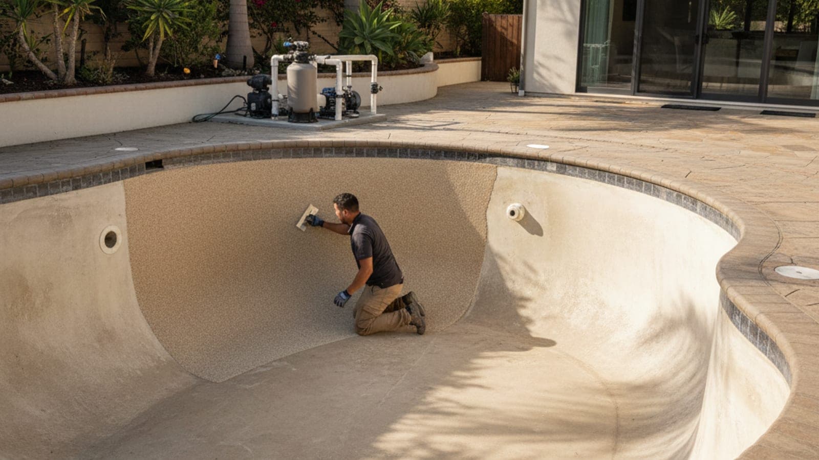 A drained swimming pool with fresh white plaster being applied by a worker using a trowel.