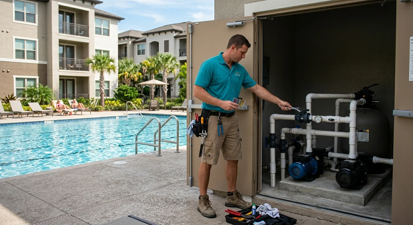 A technician inspects exposed PVC pipe beneath a commercial pool deck during a repair project.
