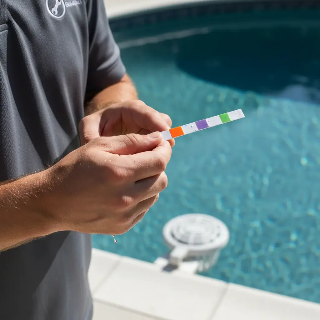 A pool technician performing a partial drain with a submersible pump beside a residential pool