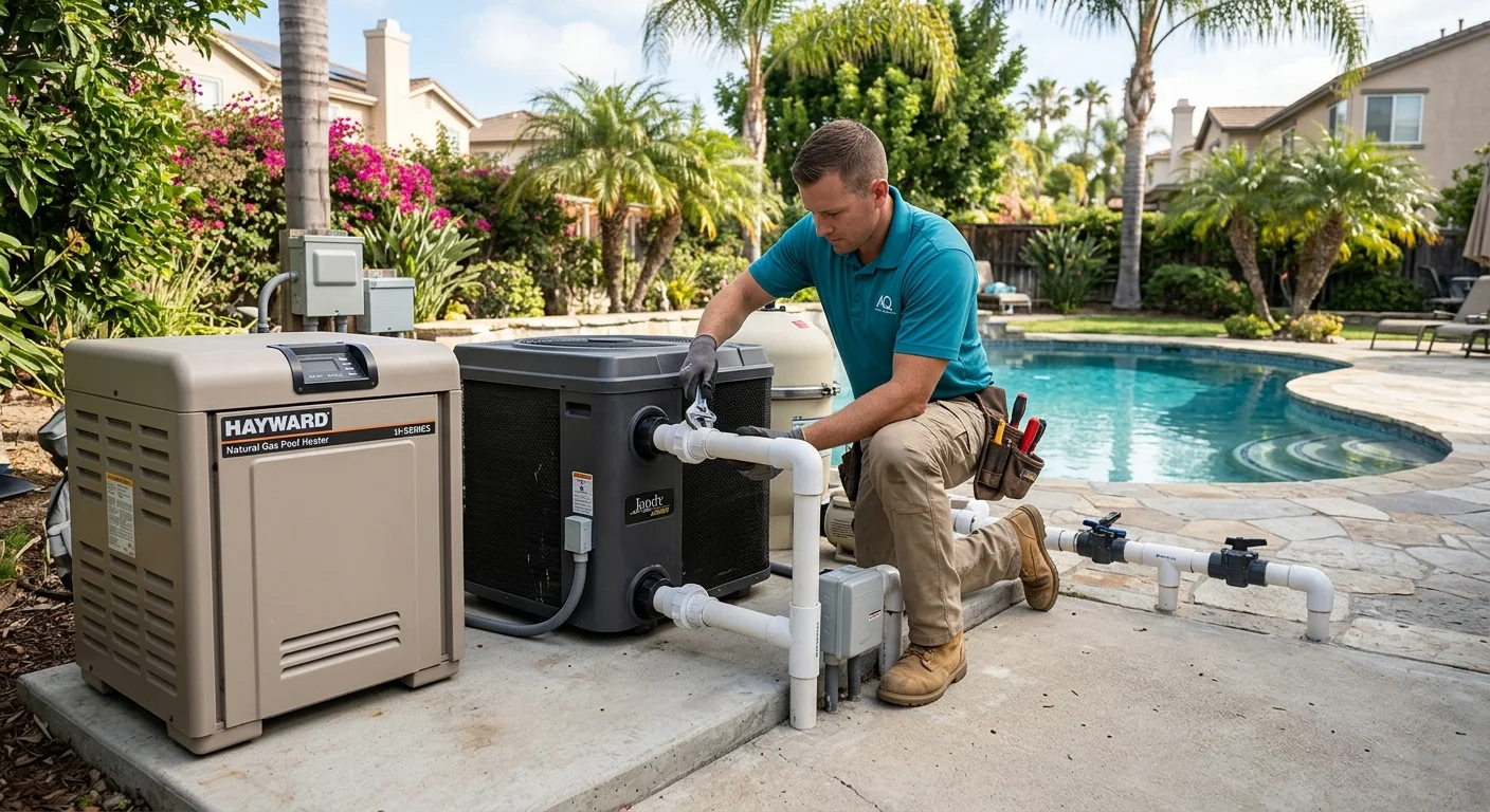 A gas pool heater and a heat pump installed side by side on a concrete equipment pad