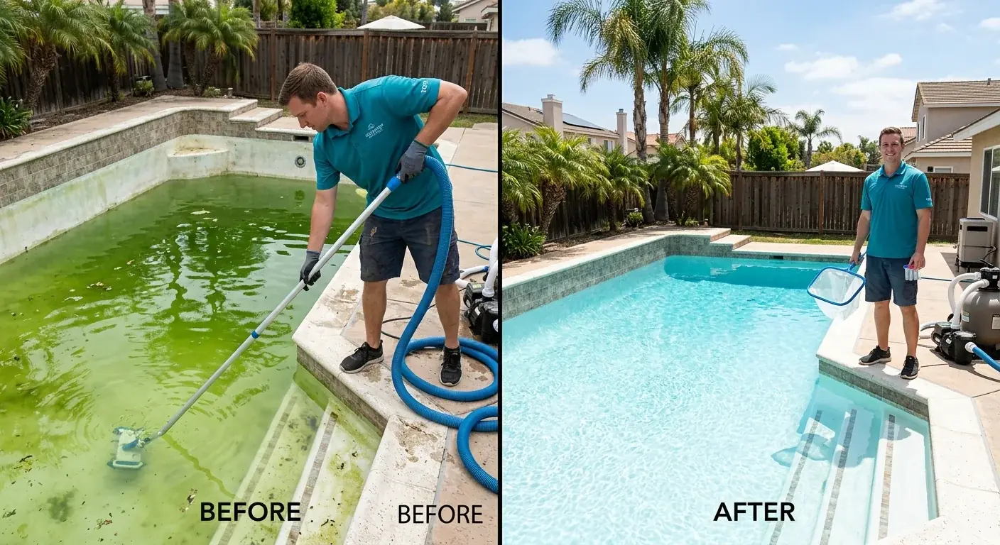 A residential swimming pool mid-recovery showing cloudy blue-gray water after a shock treatment