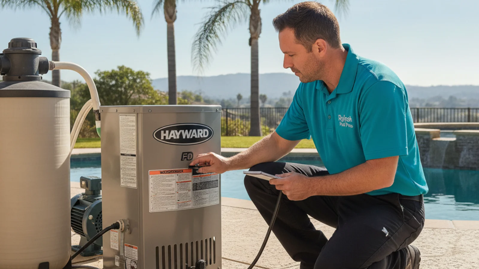 A Hayward pool heater on a concrete equipment pad with its digital display panel visible.