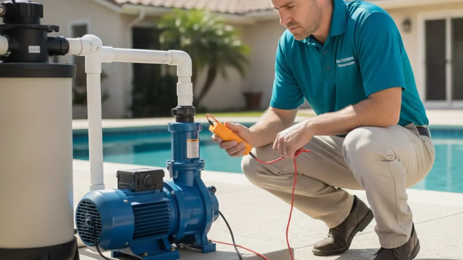A pool pump with its lid removed showing an empty strainer basket and exposed impeller area.