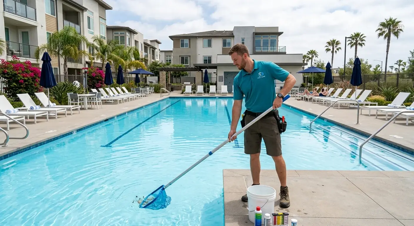 A community pool surrounded by condominium buildings with a maintenance worker checking equipment near the filter pad.