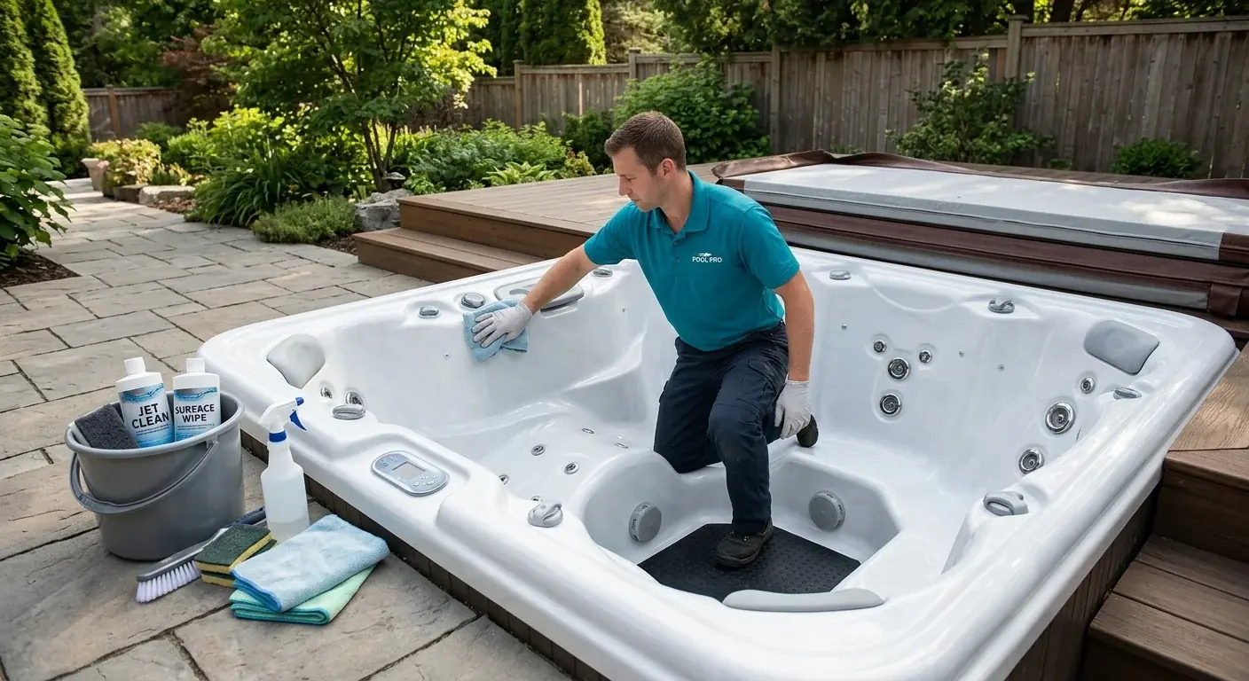 A technician scrubbing the interior shell of a drained hot tub with professional cleaning tools