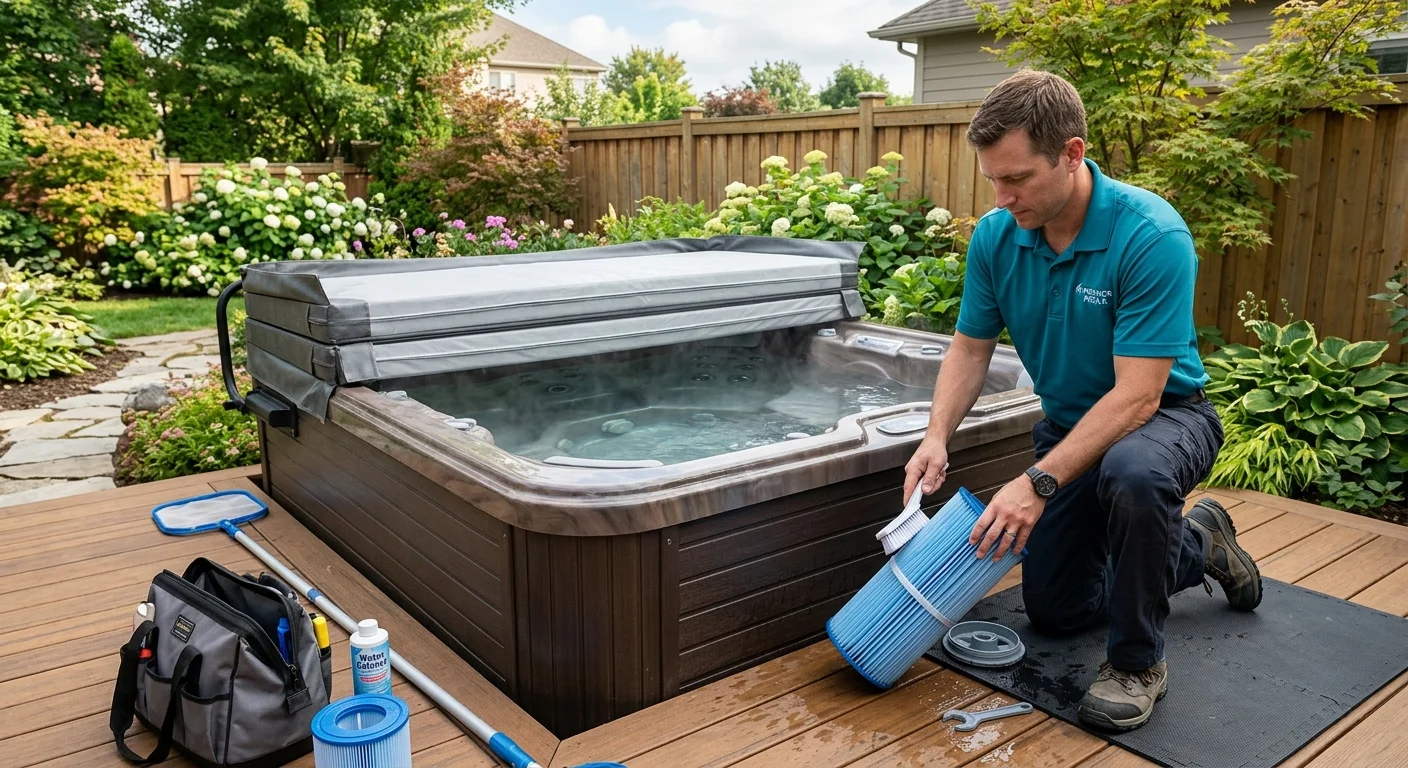 A clean hot tub with its cover partially open, showing clear water and visible jets.