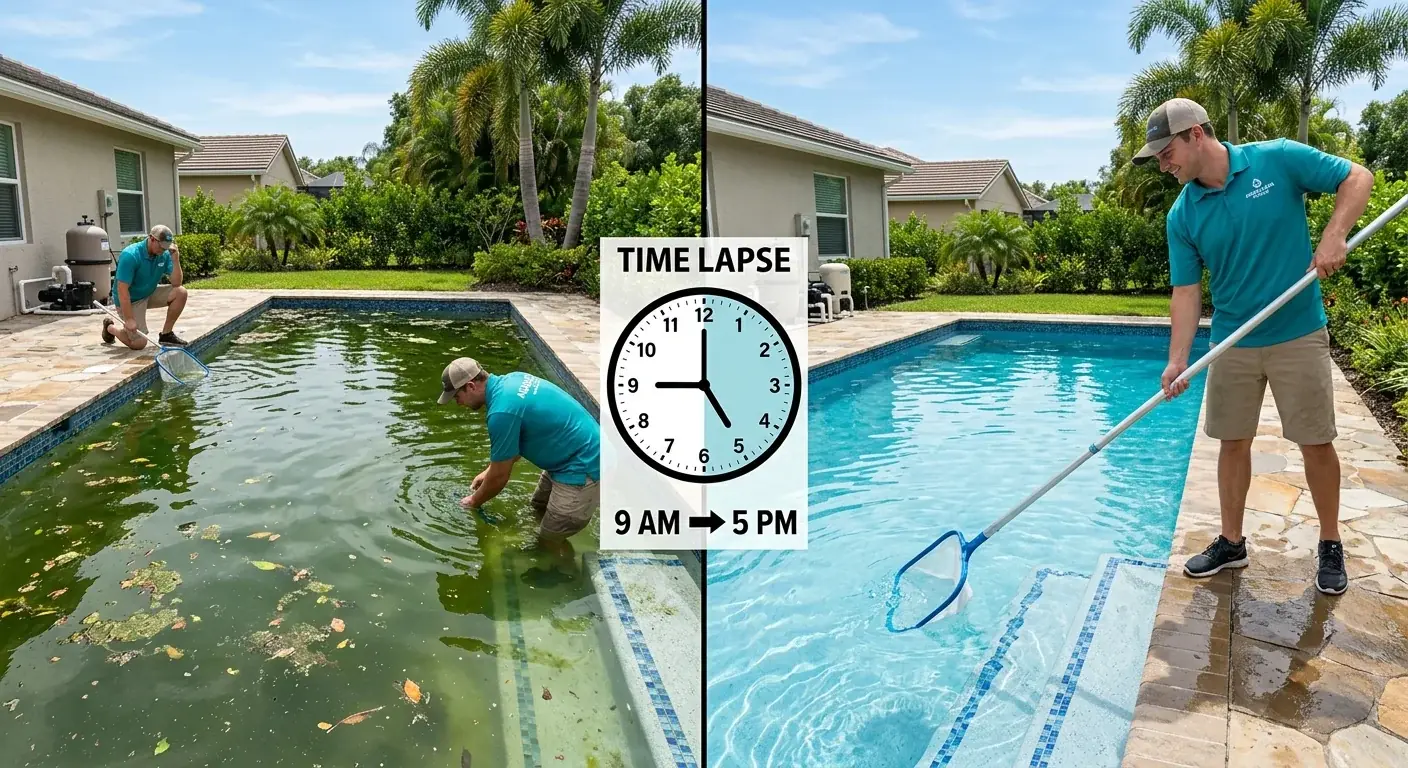A residential swimming pool transitioning from murky green water to clear blue during algae treatment