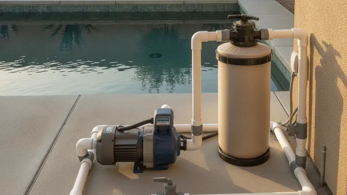 A variable-speed pool pump running on a concrete equipment pad beside a residential pool.