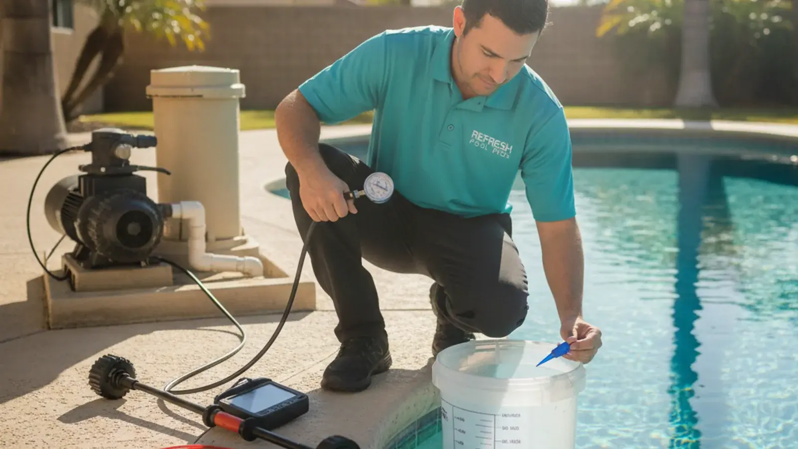 A technician uses electronic listening equipment on a pool deck to locate an underground leak.