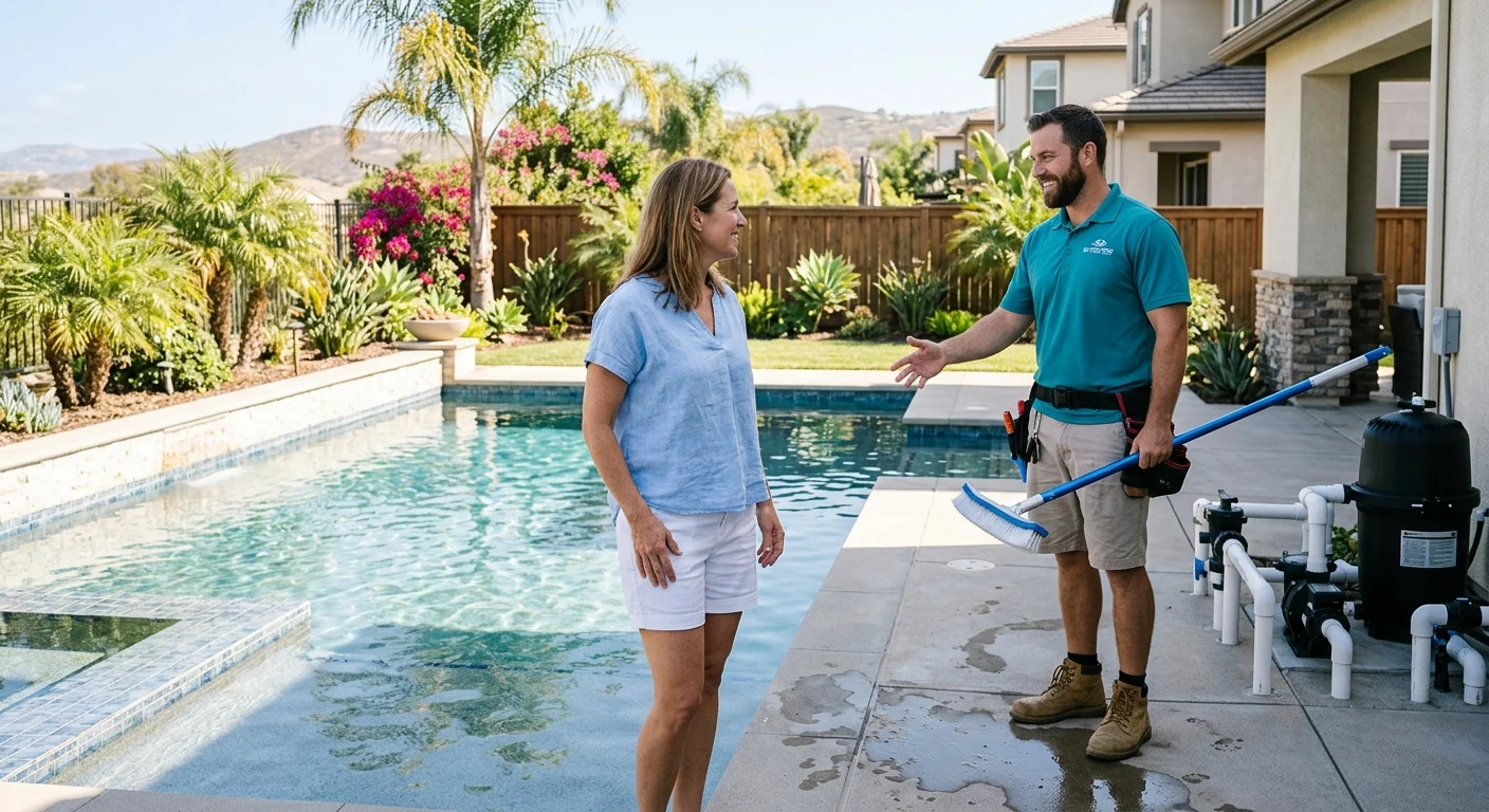 A pool technician skimming debris from a residential swimming pool with a net