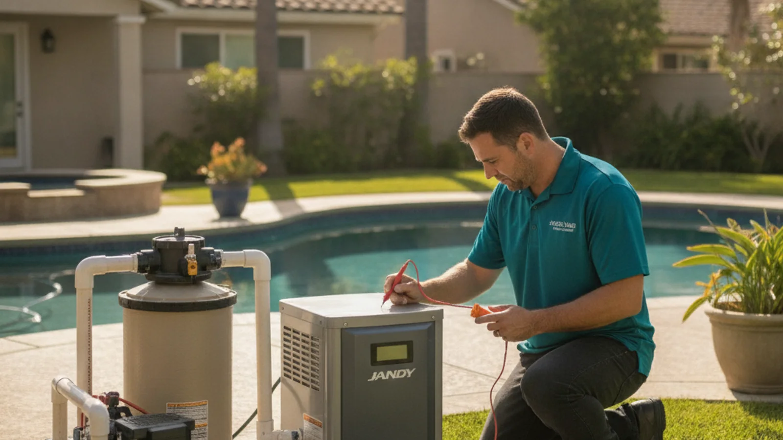 A compact Jandy JXi gas pool heater installed on a concrete equipment pad with plumbing connections visible.