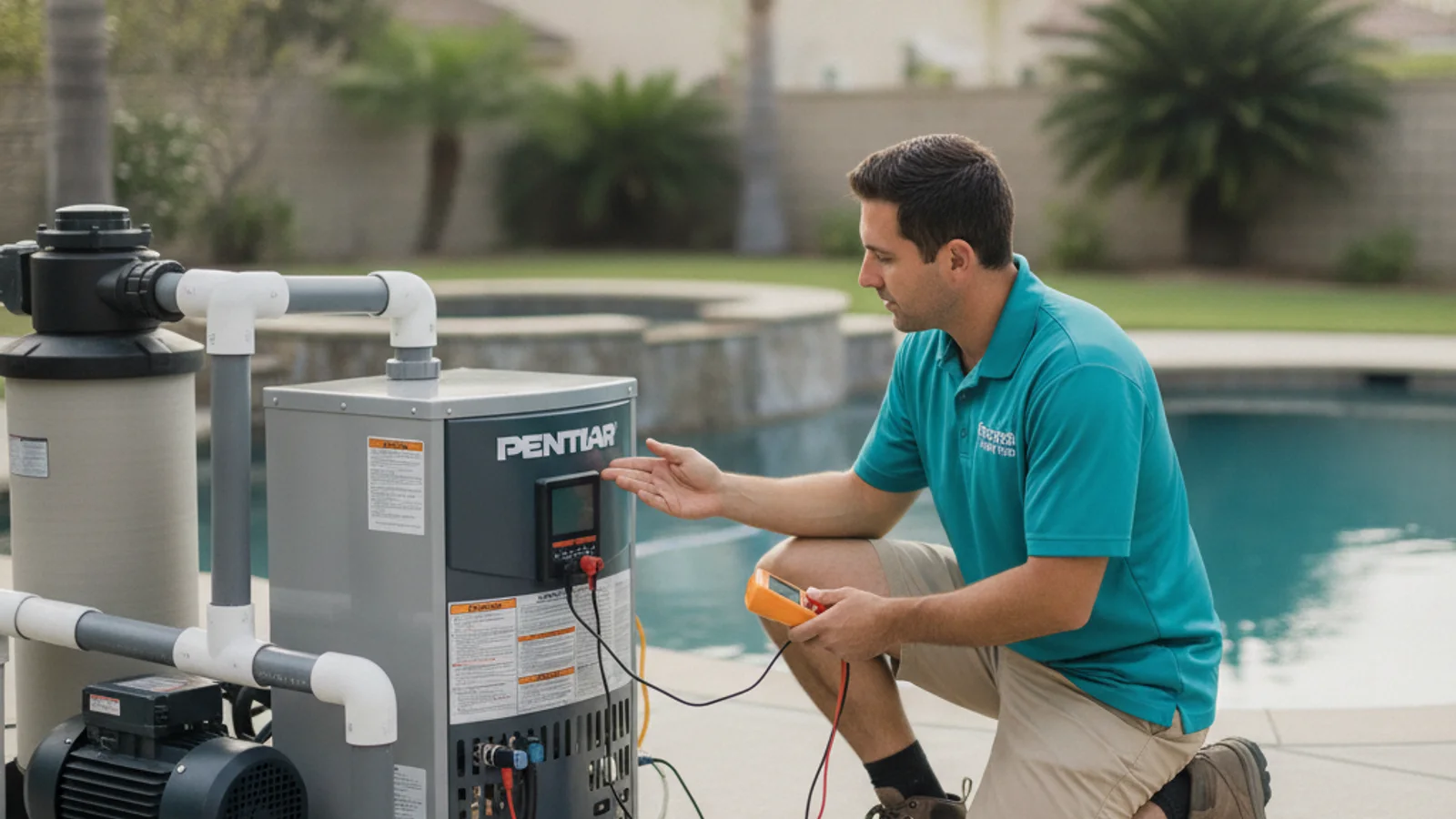 A Pentair MasterTemp gas pool heater installed on a concrete equipment pad with PVC plumbing connections visible.