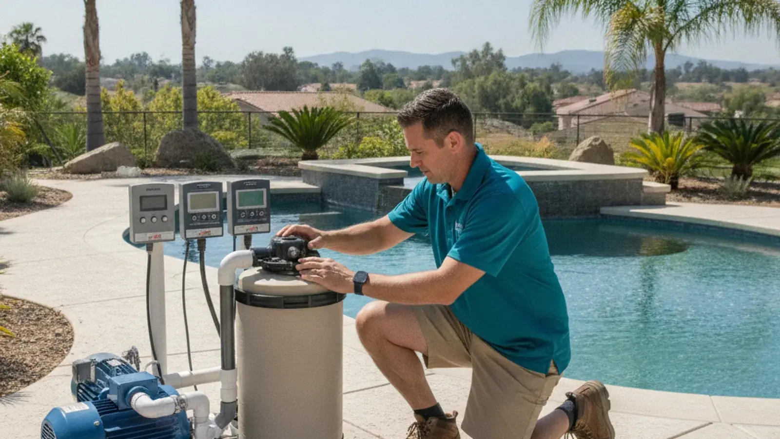 A pool equipment pad with an automation control panel mounted beside a variable-speed pump and salt cell.