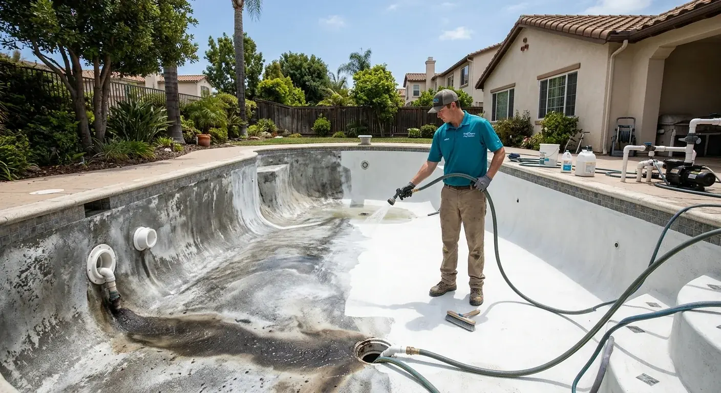 A drained plaster pool shell being treated with a controlled acid solution by a technician in protective gear.