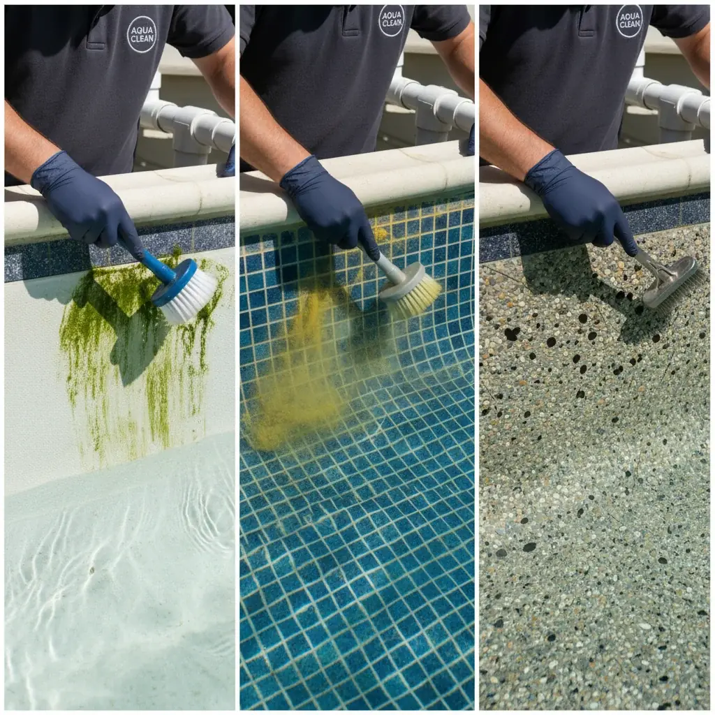A swimming pool showing three distinct sections with green cloudy water, yellowish sediment on the floor, and dark spots on the plaster wall.