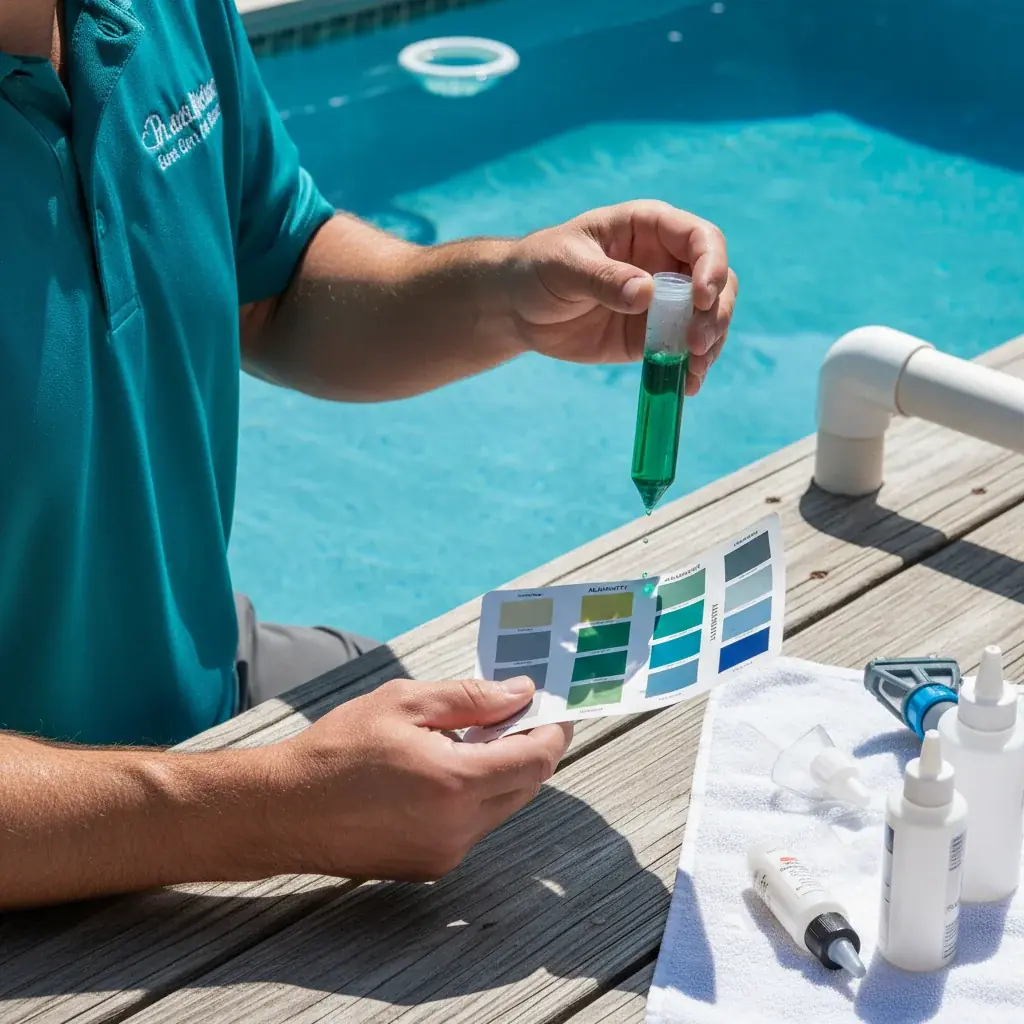A pool owner testing water chemistry with a test kit beside a residential pool