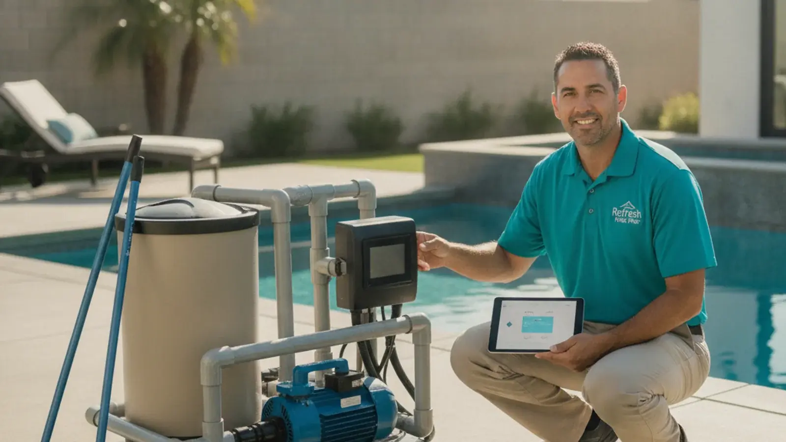 A pool automation control panel mounted on an equipment pad beside a variable-speed pump