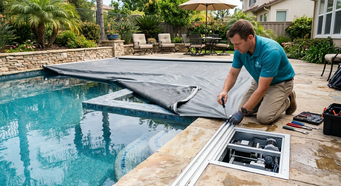 A technician inspects the track and fabric of an automatic pool cover at the deck edge.