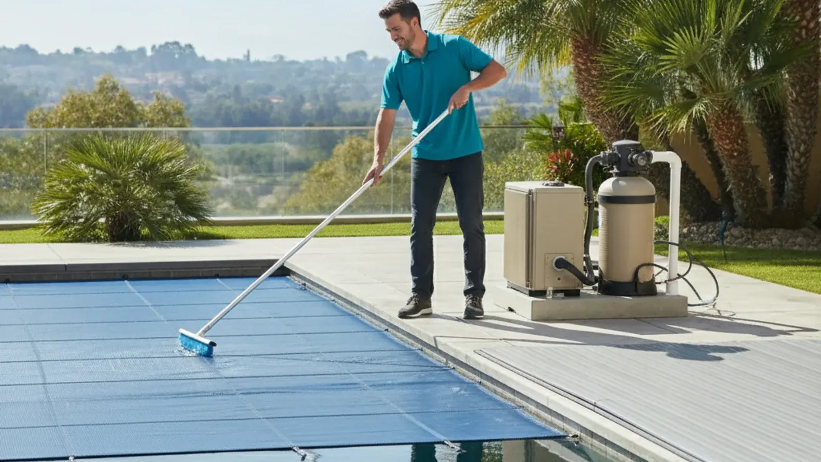 A rectangular swimming pool with a fitted safety cover stretched taut across the surface and anchored to the surrounding deck.