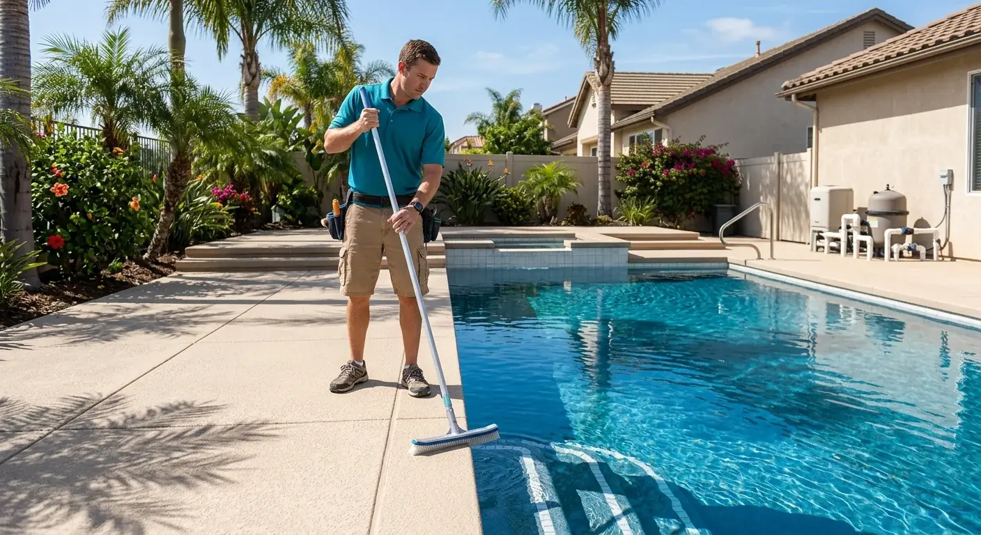 A freshly resurfaced pool deck with a smooth knockdown texture surrounding a residential swimming pool
