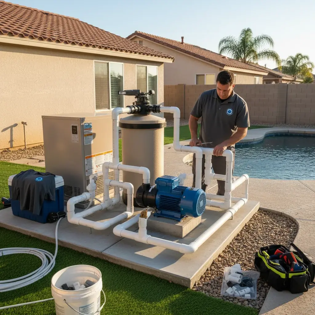 A small puddle of water collecting on a concrete pool equipment pad beneath a pump and filter.