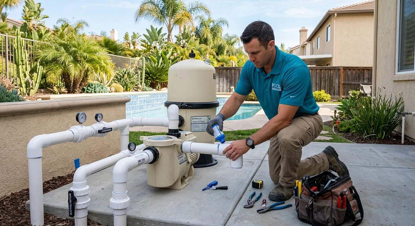 A concrete equipment pad with a pool pump, filter, and heater arranged with visible clearance around each unit.