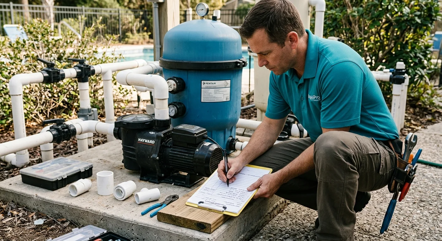 A pool equipment pad with a pump, filter, and heater visible near a concrete slab.