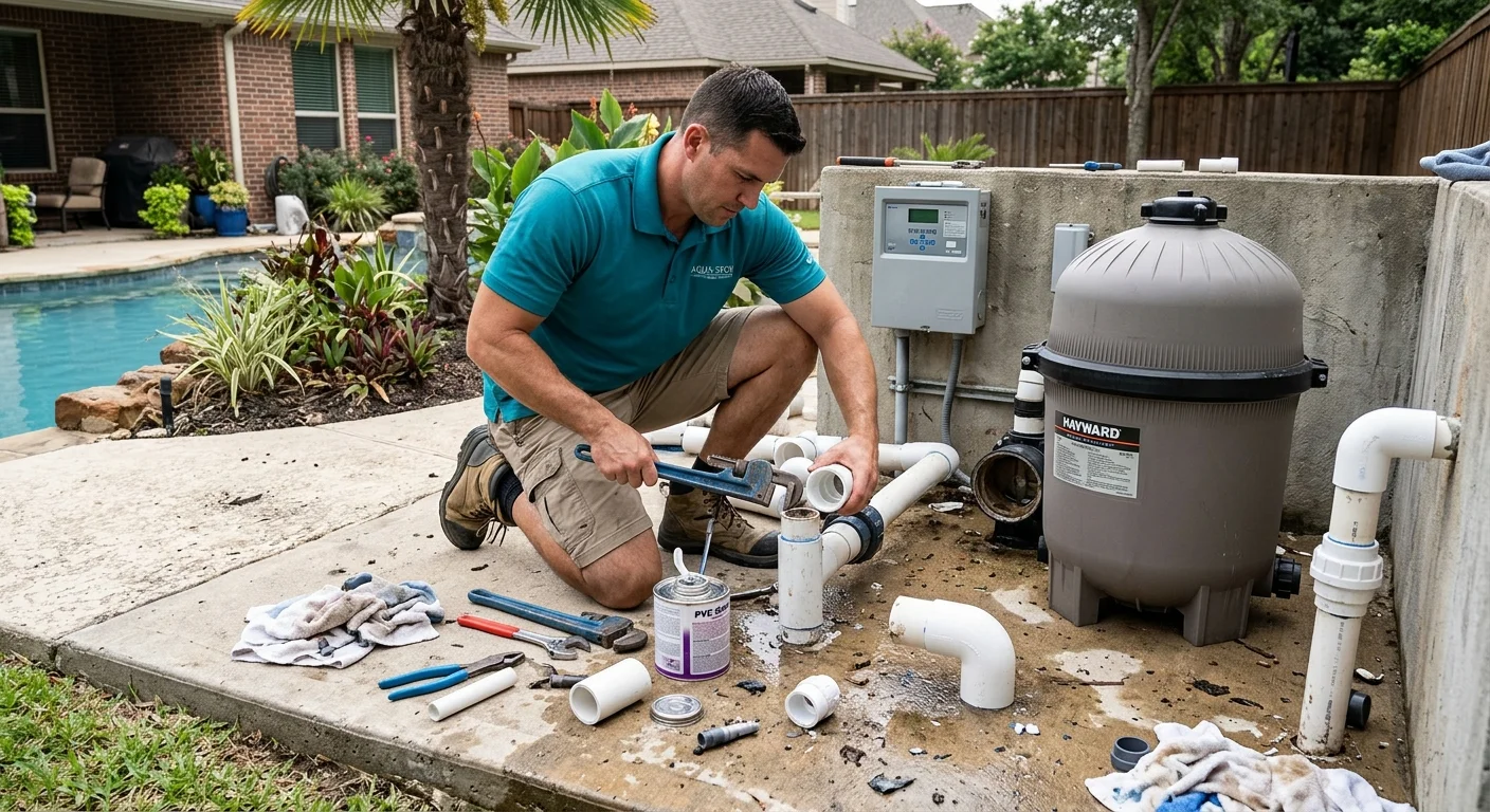 A pool equipment pad with a pump, filter, and heater arranged on a concrete surface