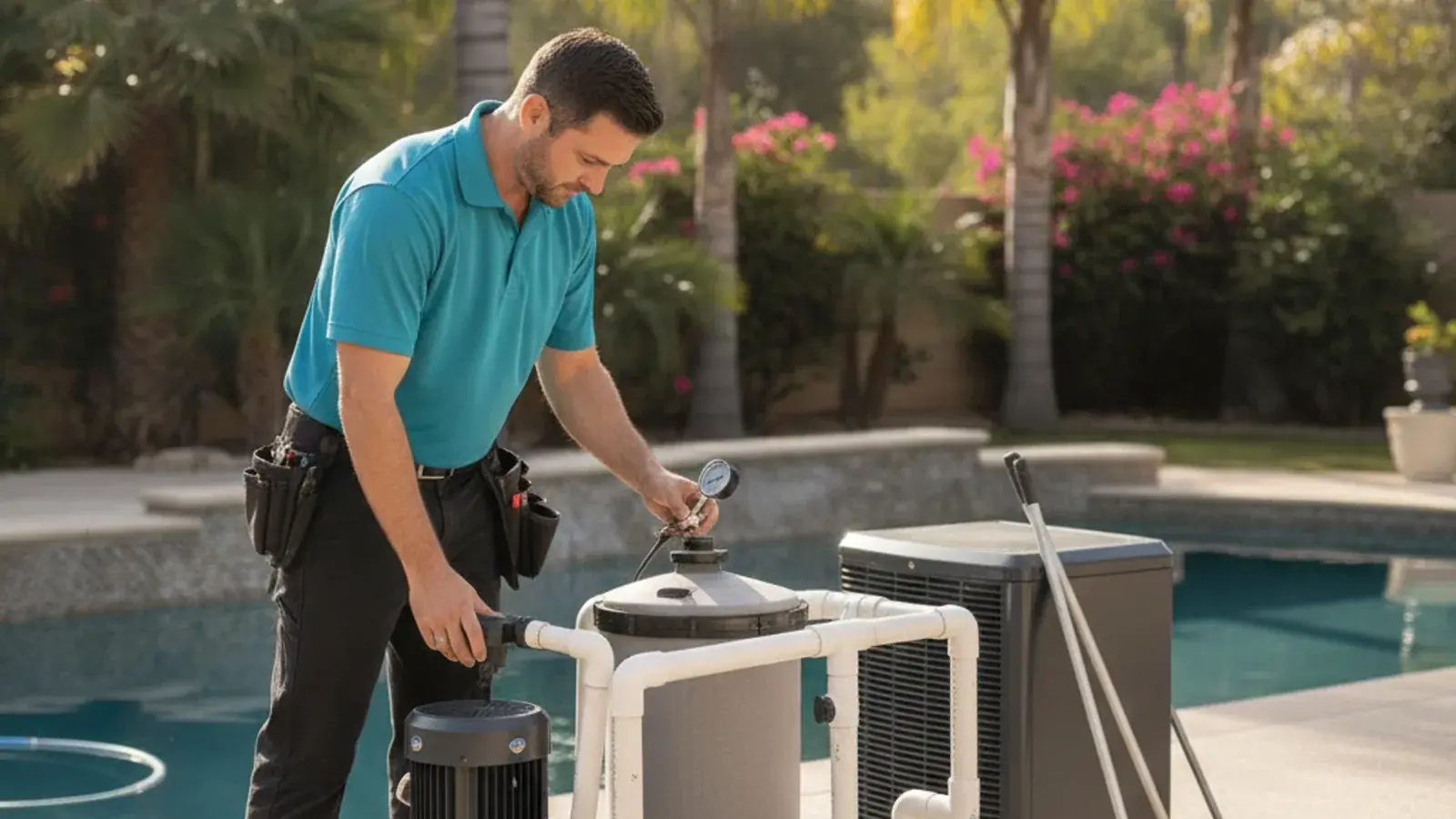 A pool equipment pad with a variable-speed pump, filter, and heater installed side by side.