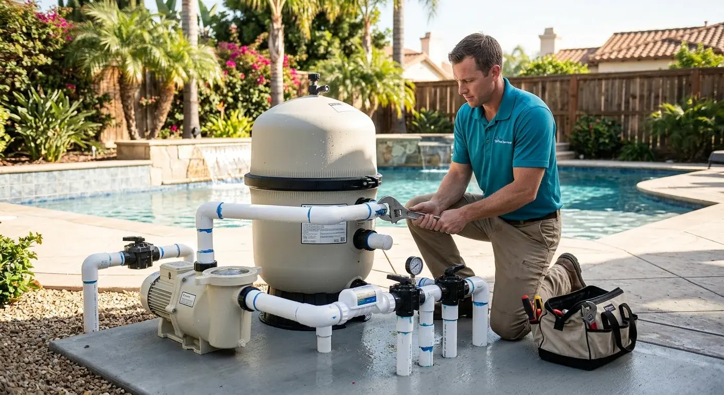 A technician inspects the internal components of a pool filter tank on an equipment pad.