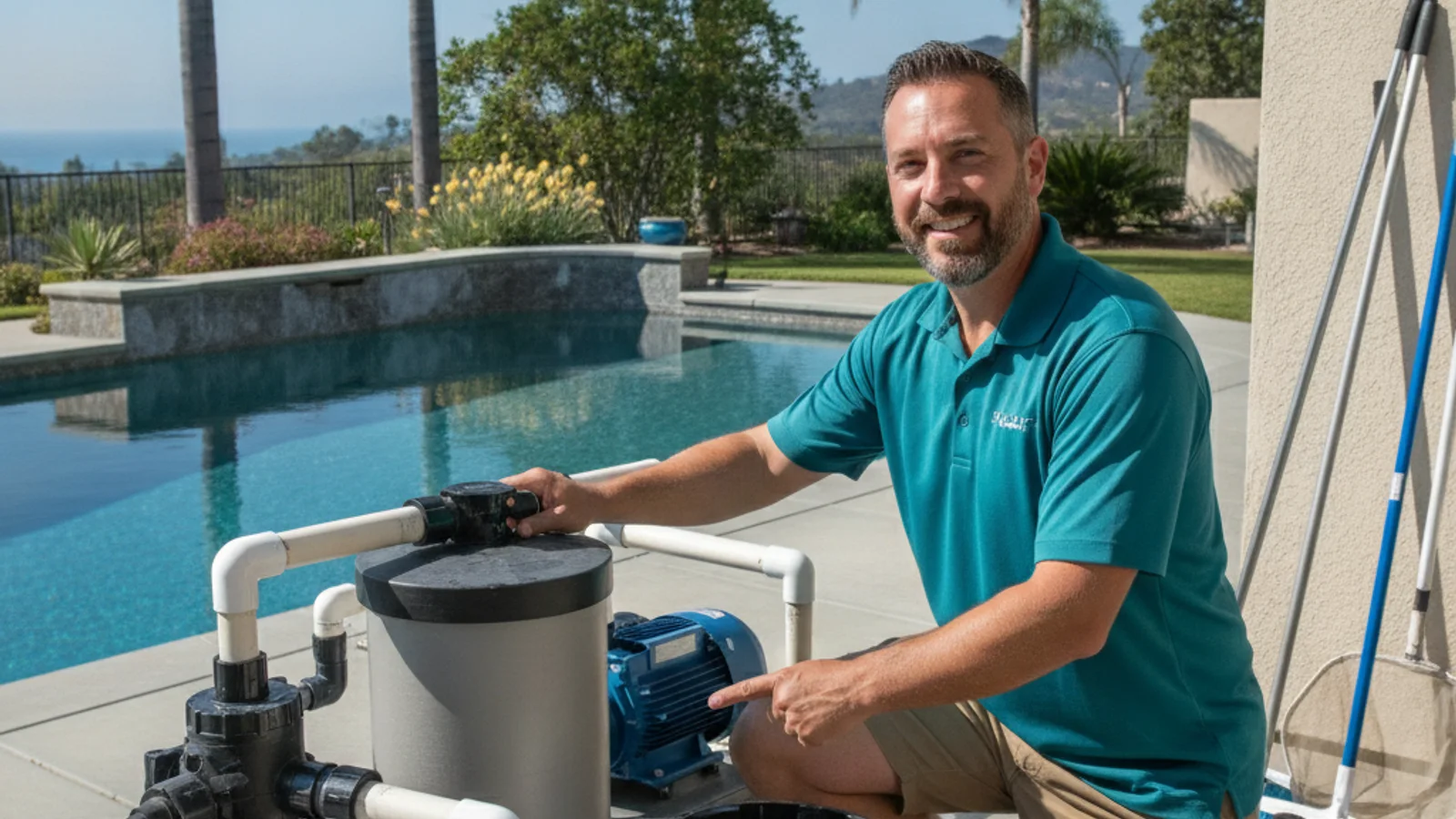 Three pool filter types shown side by side on a concrete equipment pad