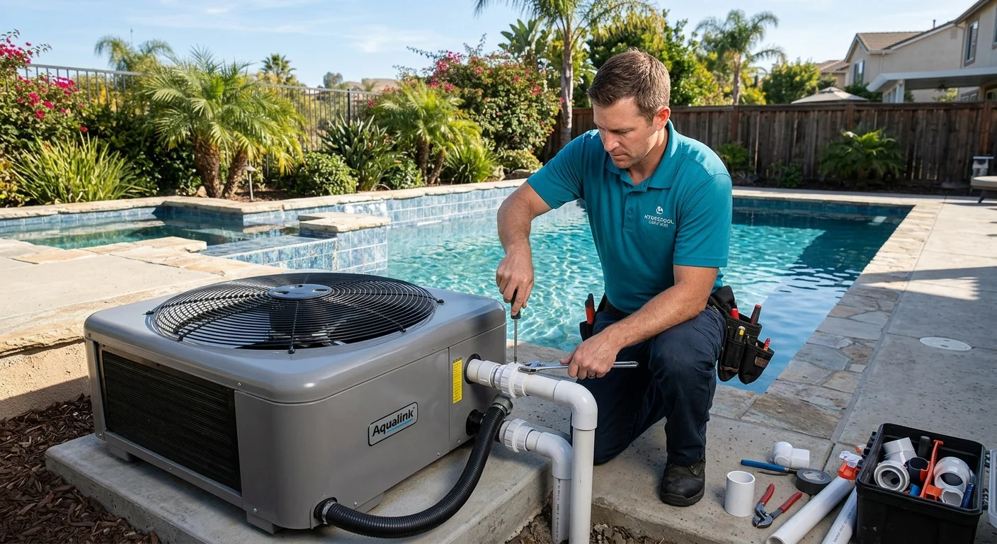 A pool heat pump unit installed on a concrete equipment pad beside a residential pool