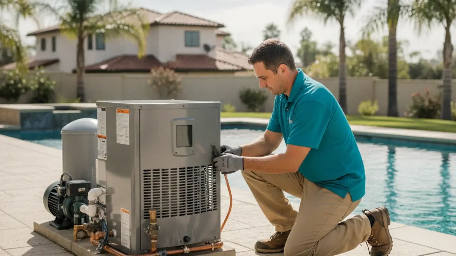 A pool technician inspecting a gas pool heater unit on an equipment pad