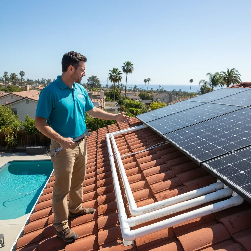 Black solar pool collectors mounted on a residential rooftop with plumbing lines running down to the equipment pad below.