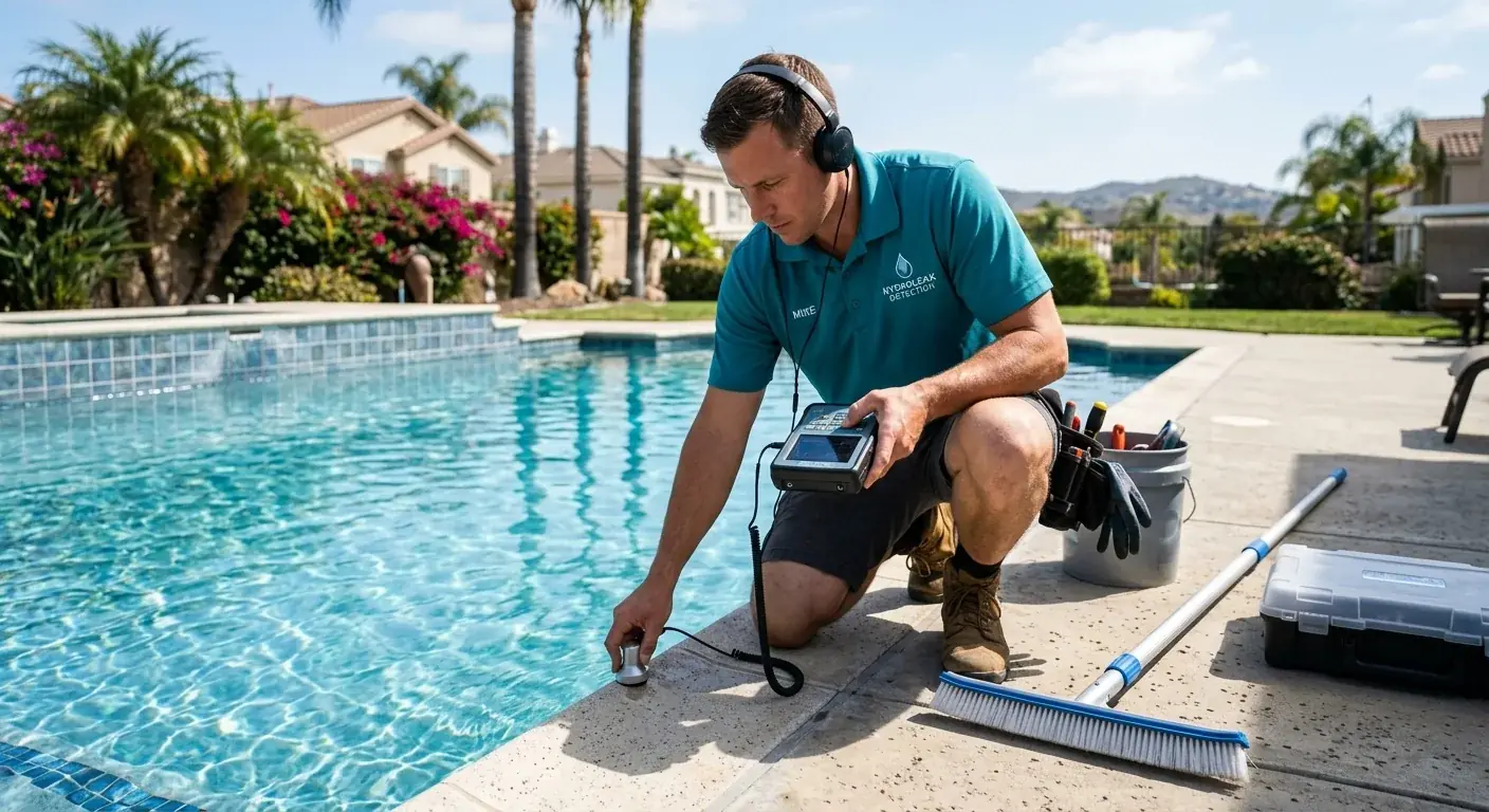 A swimming pool with a five-gallon bucket sitting on the second step for a leak test