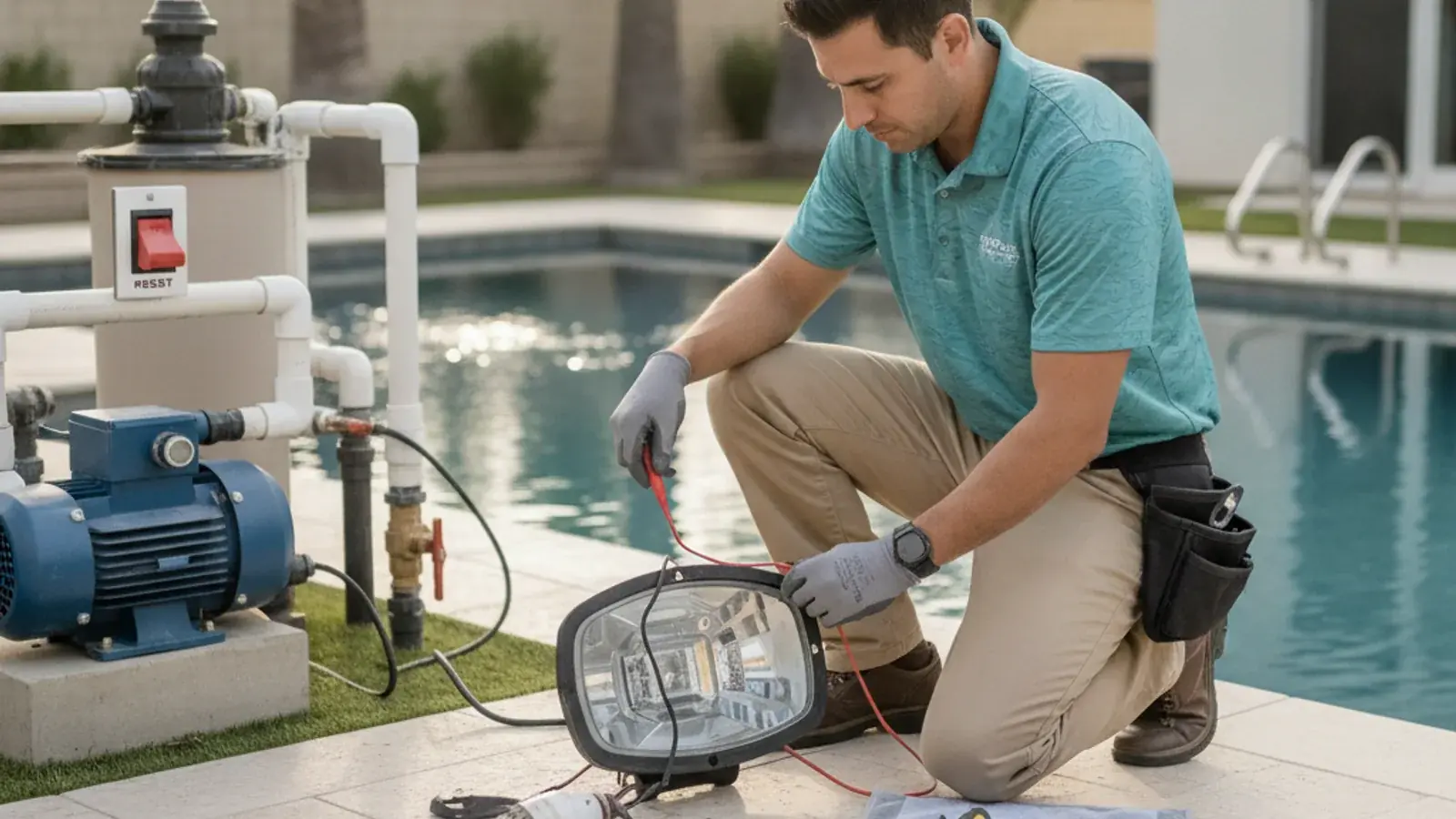 A pool light fixture removed from its niche sitting on the pool deck beside a screwdriver and a new gasket.