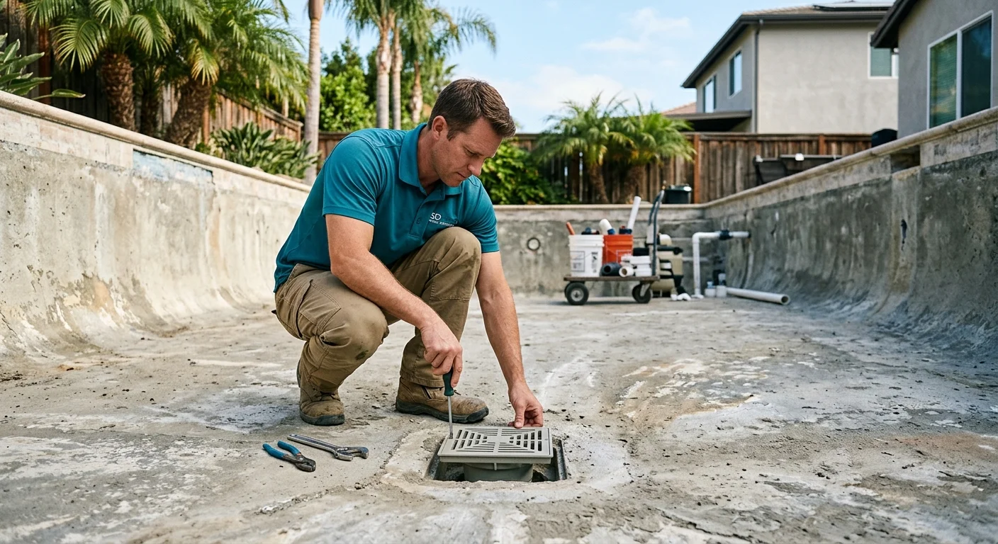 A pool technician inspecting a main drain cover on the floor of a drained pool