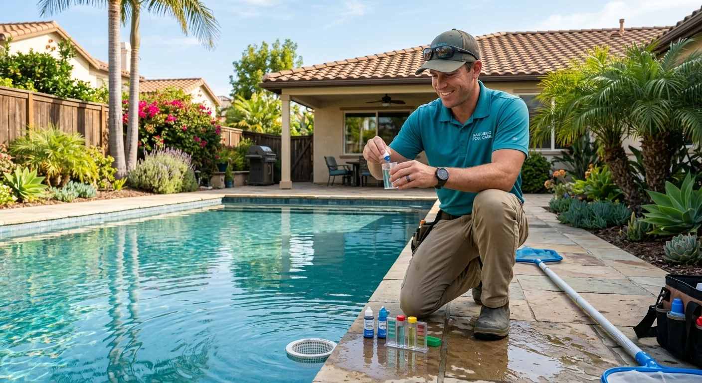A pool technician skimming debris from the surface of a residential swimming pool with a net
