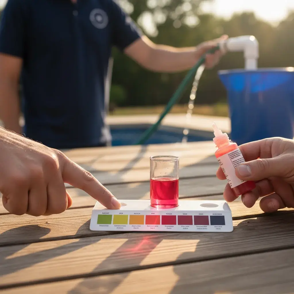 A pool test strip showing pH reading next to a bottle of muriatic acid on a pool deck.