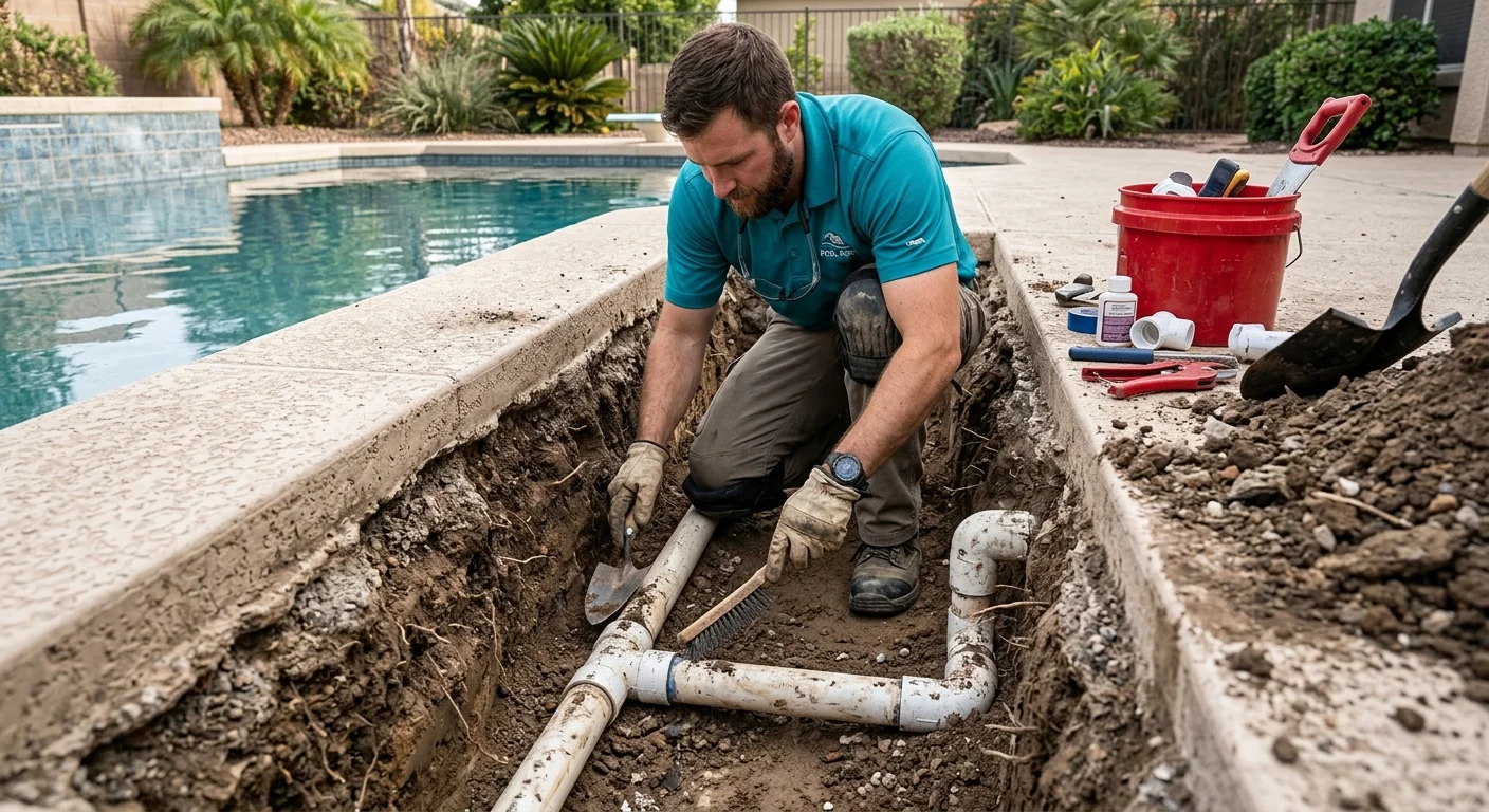 A section of exposed PVC pipe beneath a concrete pool deck with a visible crack at a fitting.