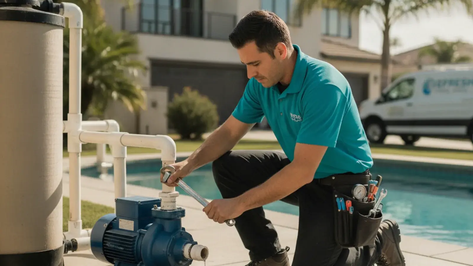 A close-up of water pooling beneath a pool pump motor on a concrete equipment pad.