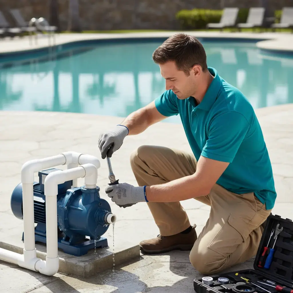 A close-up view of a Pentair variable-speed pool pump installed on a concrete equipment pad with plumbing unions visible.