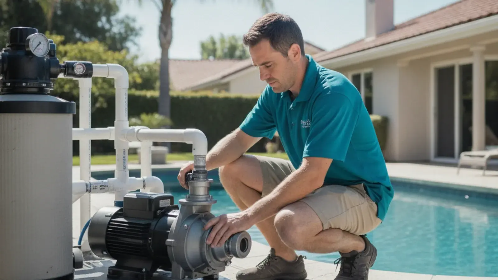 A variable-speed pool pump installed on a concrete equipment pad beside PVC plumbing lines.