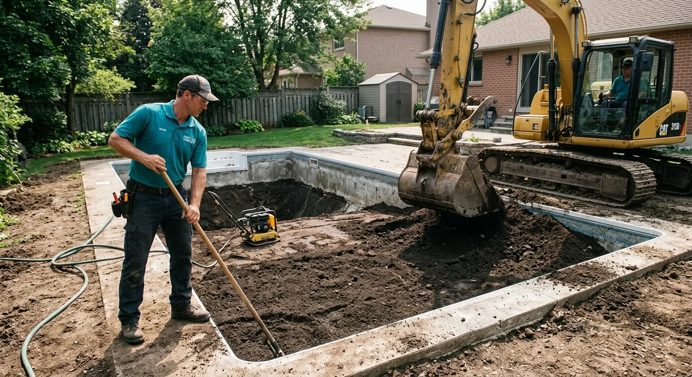 A backyard with a partially demolished concrete pool shell exposed, showing rebar and broken gunite sections surrounded by fill dirt.