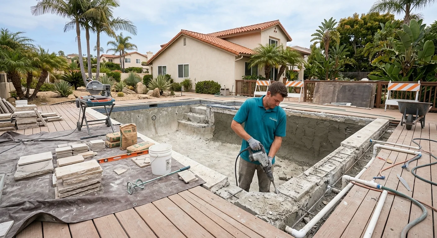 A residential pool mid-renovation with exposed shell and construction materials staged nearby