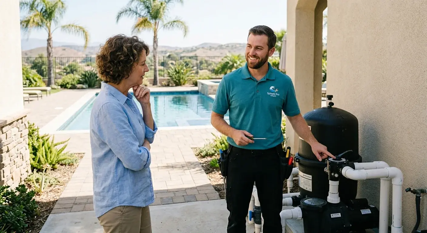 A pool technician kneeling beside an exposed pump and filter system to inspect connections