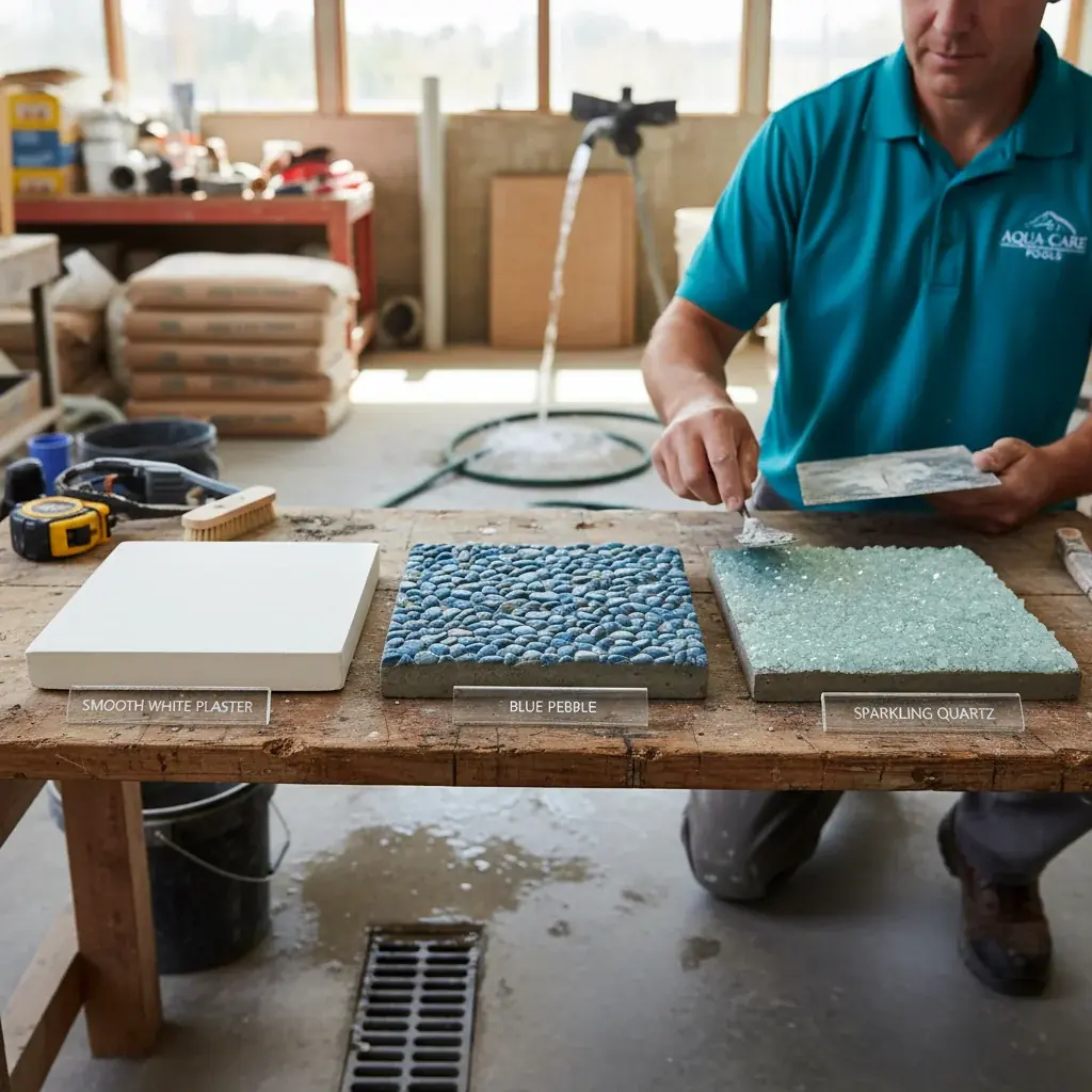 A close-up view of three different pool surface finishes showing smooth plaster, textured quartz, and exposed pebble aggregate.