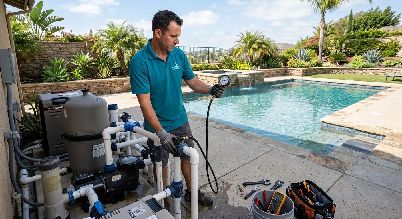 A technician pressure-tests an exposed PVC suction pipe at a pool equipment pad.